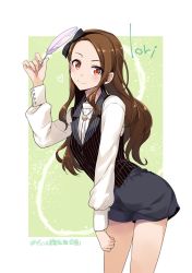 Rule 34 | 1girl, alpha (yukai na nakamatachi), black bow, bow, brown hair, character name, commentary request, feathers, forehead, green background, hair bow, hashtag, idolmaster, idolmaster (classic), jpeg artifacts, long hair, minase iori, pinstripe pattern, pinstripe vest, red eyes, shirt, solo, striped, vest, white shirt