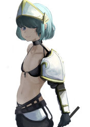 Rule 34 | 1girl, absurdres, armor, bikini, black bikini, black choker, blue eyes, choker, closed mouth, cowboy shot, diva (hyxpk), flat chest, from side, greaves, green hair, highres, holding, holding weapon, looking at viewer, looking to the side, navel, original, shoulder armor, silk, simple background, smile, solo, pauldrons, spider web, swimsuit, visor (armor), weapon, white background