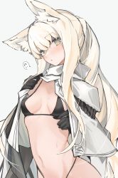 Rule 34 | 1girl, animal ears, arknights, bikini, black bikini, black gloves, blonde hair, blush, breasts, gloves, highres, horse ears, jacket, long hair, looking at viewer, mikozin, navel, open clothes, open jacket, platinum (arknights), ponytail, simple background, small breasts, solo, sweatdrop, swimsuit, upper body, very long hair, white background, white jacket, yellow eyes