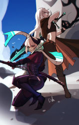 Rule 34 | 2girls, absurdres, ass, boots, brown cape, brown footwear, brown pants, cape, distr, fingerless gloves, gloves, highres, holding, holding sword, holding weapon, horns, long hair, looking at viewer, multiple girls, on one knee, original, pants, parted lips, red eyes, scabbard, scarf, sheath, signature, single glove, smile, standing, sword, unsheathing, weapon, white eyes, white hair, white scarf