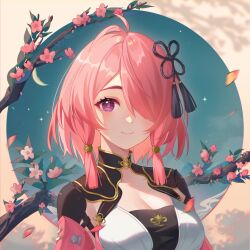 Rule 34 | 1girl, absurdres, ahoge, armor, black shirt, braid, breasts, cherry blossoms, chinese commentary, cleavage, commentary request, hair ornament, hair over one eye, highres, huang tie lin, large breasts, looking at viewer, multicolored shirt, pink pupils, pink sleeves, shirt, shoulder armor, sidelocks, smile, solo, taoqi (wuthering waves), twin braids, upper body, white shirt, wuthering waves
