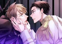 Rule 34 | 2boys, absurdres, black hair, bleeding, blood, brown hair, chain, earrings, epaulettes, eye contact, fugou keiji balance:unlimited, hands on another&#039;s cheeks, hands on another&#039;s face, highres, indoors, ishiifuyun, jewelry, kanbe daisuke, katou haru, long sleeves, looking at another, male focus, multiple boys, short hair, tearing up, upper body, yaoi, yellow eyes