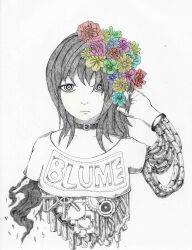 Rule 34 | 1girl, absurdres, android, aqua flower, black choker, black hair, blue flower, choker, damaged, flower, green flower, hair flower, hair ornament, hand up, highres, hinoe utakata, long hair, looking at viewer, mechanical parts, original, print shirt, purple flower, red flower, ringed eyes, shirt, short sleeves, simple background, solo, spot color, traditional media, white background, yellow flower