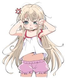 Rule 34 | 10s, 1girl, anger vein, blonde hair, bloomers, camisole, camisole lift, clothes lift, crying, crying with eyes open, green eyes, ixy, long hair, solo, takanashi misha, tears, uchi no maid ga uzasugiru!, underwear, very long hair, white background