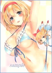 Rule 34 | 1girl, alice margatroid, armpits, arms up, bad id, bad pixiv id, bikini, blonde hair, blue bikini, blue eyes, blush, bow, breasts, cleavage, colored pencil (medium), front-tie bikini top, front-tie top, hair bow, hairband, large breasts, light smile, looking at viewer, marker (medium), navel, parted lips, potto, potto (minntochan), red bow, sample watermark, shanghai doll, side-tie bikini bottom, solo, stomach, swimsuit, touhou, traditional media, untied bikini, watermark