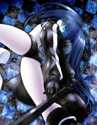Rule 34 | 10s, 1girl, ass, black rock shooter, black rock shooter (character), blue eyes, blue hair, boots, bra, coat, flaming eye, from below, gloves, highres, long hair, looking at viewer, scar, short shorts, shorts, sword, twintails, underwear, watarui, weapon
