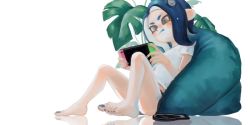 Rule 34 | 1girl, bad id, bad pixiv id, bare legs, barefoot, bean bag chair, black panties, blue hair, blue nails, blue tongue, cellphone, closed mouth, colored tongue, fingernails, grey eyes, holding, leaf, long hair, nail polish, nintendo, nintendo switch, octoling, octoling girl, octoling player character, oimo (oimkimn), panties, phone, plant, playing games, reflection, shirt, short sleeves, simple background, sitting, smartphone, solo, splatoon (series), splatoon 2, suction cups, t-shirt, tentacle hair, toenail polish, toenails, tongue, tongue out, underwear, white background, white shirt