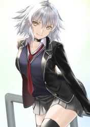 Rule 34 | 1girl, fate/grand order, fate (series), grey hair, highres, jacket, jeanne d&#039;arc alter (fate), kaijin-m, long sleeves, looking at viewer, medium hair, necktie, simple background, smile, solo, yellow eyes
