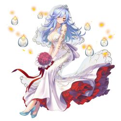 Rule 34 | 1girl, amulet, aqua eyebrows, aqua footwear, aqua hair, aqua pendant, artist request, blush, bouquet, breasts, candle, cleavage, covered navel, dress, eloise (final gear), facial mark, final gear, fire, floral print dress, flower, full body, hair over one eye, head tilt, high heels, highres, holding, holding bouquet, jewelry, lace-trimmed veil, lace trim, looking to the side, necklace, no socks, official art, open mouth, pendant, red ribbon, ribbon, see-through, see-through veil, simple background, solo, strapless, strapless dress, tachi-e, teeth, third-party source, transparent background, veil, white dress, white tiara, white veil, yellow eyes