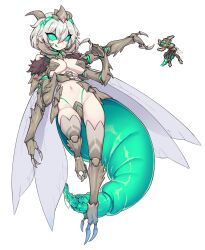 Rule 34 | 1girl, 1other, alien queen (terraria), arthropod girl, bare shoulders, breasts, bug, claws, colored tongue, crown, exoskeleton, extra arms, extra eyes, glowing, green eyes, green tongue, grey hair, hair between eyes, highres, horns, insect wings, licking lips, looking at viewer, mandibles, medium breasts, monster girl, navel, no pupils, no sclera, nyong nyong, pixel art, reference inset, short hair, simple background, smile, stinger, suggestive fluid, terraria, tongue, tongue out, white background, wings