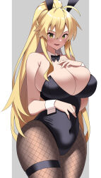 Rule 34 | 1girl, absurdres, artoria pendragon (fate), artoria pendragon (lancer) (fate), blonde hair, breasts, fate/grand order, fate (series), highres, huge breasts, imuzi, leotard, long hair, playboy bunny, ponytail, simple background, smile, solo, yellow eyes
