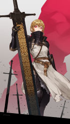 Rule 34 | 1girl, armor, armored boots, belt, black armor, blonde hair, boots, brown belt, feet out of frame, gauntlets, gradient background, grey background, hair between eyes, highres, holding, holding weapon, huge weapon, jiro (ninetysix), looking at viewer, original, pauldrons, red background, red eyes, short hair, shoulder armor, solo, sword, tunic, twitter username, weapon