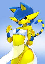 Rule 34 | 1girl, :&lt;, absurdres, animal crossing, animal ears, ankha (animal crossing), ashraely, bad id, bad pixiv id, black eyes, blue background, blue hair, bob cut, breasts, cat ears, cat tail, cleavage, cleft of venus, closed mouth, clothed pokemon, collarbone, colored skin, covered erect nipples, cowboy shot, creatures (company), female focus, furry, furry female, fusion, game freak, gardevoir, gen 3 pokemon, groin, hair between eyes, half-closed eyes, hands up, highres, legs together, looking at viewer, navel, nintendo, no panties, pokemon, pokemon (creature), pussy, revealing clothes, sarashi, see-through, short hair, simple background, small breasts, solo, standing, tail, uncensored, wristband, yellow skin