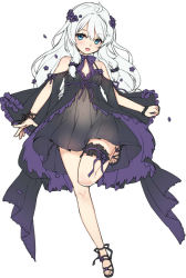 Rule 34 | 1girl, :d, ahoge, bad id, bad pixiv id, bare shoulders, black dress, black ribbon, blue eyes, breasts, bridal garter, dress, female focus, flower, frilled sleeves, frills, full body, hair between eyes, hair flower, hair ornament, long hair, looking at viewer, open mouth, ribbon, sandals, simple background, small breasts, smile, solo, soulworker, stella unibell, tama (tamatamo), white background, white hair, wide sleeves, wrist ribbon