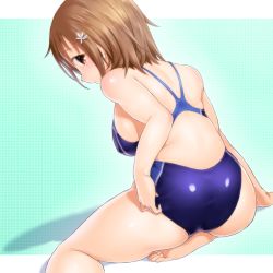 Rule 34 | 10s, 1girl, arm support, ass, barefoot, breasts, brown eyes, brown hair, competition swimsuit, feet, flower, from behind, hair ornament, idolmaster, idolmaster cinderella girls, looking back, lying, medium breasts, mimura kanako, on side, one-piece swimsuit, onsoku inu, plump, short hair, sideboob, sitting, solo, swimsuit, thighs