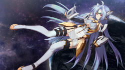Rule 34 | 1girl, absurdres, android, anson jun, bare shoulders, blue hair, breasts, cleavage cutout, clothing cutout, earth (planet), elbow gloves, garter straps, gloves, highres, kos-mos, kos-mos ver. 4, long hair, long legs, looking at viewer, medium breasts, red eyes, solo, space, thighhighs, very long hair, xenosaga, xenosaga episode iii