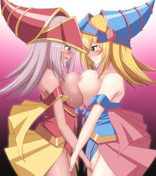 Rule 34 | 2girls, blonde hair, blush, blush stickers, breast press, breasts, breasts out, closed mouth, clothed sex, dark-skinned female, dark magician girl, dark skin, dual persona, duel monster, fingering, green eyes, grey hair, hexagram, highres, huge breasts, long hair, multiple girls, nipples, open mouth, paradox 1818, pink eyes, selfcest, standing, star of david, sweat, symmetrical docking, tagme, vaginal, yu-gi-oh!, yuri