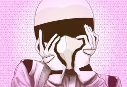Rule 34 | 1boy, crossover, gloves, hands on own cheeks, hands on own face, helmet, hvn, male focus, mirai nikki, morse code, parody, racing suit, solo, the stig, top gear, yandere trance