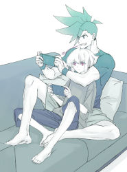 Rule 34 | 2boys, androgynous, asymmetrical hair, controller, couch, eyes visible through hair, galo thymos, game controller, holding, holding controller, holding game controller, lio fotia, looking at object, male focus, mohawk, monochrome, multiple boys, nintendo switch, on couch, on lap, pillow, promare, purple eyes, shirt, short hair, shorts, sidecut, sidelocks, sitting, spot color, twitter username, undercut, white background, yaoi, yon prmr