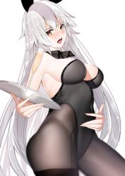 Rule 34 | 1girl, animal ears, armpits, bare shoulders, black hair, breasts, cup, drinking glass, fake animal ears, fate/grand order, fate (series), highres, holding, holding plate, jeanne d&#039;arc (fate), jeanne d&#039;arc alter (avenger) (fate), jeanne d&#039;arc alter (fate), leotard, long hair, looking at viewer, mairudo (mildcoffee1117), open mouth, pantyhose, plate, playboy bunny, rabbit ears, silver hair, solo, thighhighs, wine glass, yellow eyes