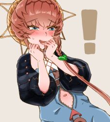 Rule 34 | !, 1girl, absurdres, belt, black sleeves, blue eyes, blue overalls, blush, braid, brown hair, clothing cutout, crown braid, drooling, fang, fate/grand order, fate (series), hands on own chin, hands up, highres, looking ahead, navel, navel cutout, orange headwear, overalls, puffy sleeves, shimogamo (shimomo 12), simple background, solo, striped clothes, striped headwear, sweatdrop, upper body, van gogh (fate), zipper pull tab