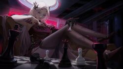 Rule 34 | 1girl, animal print, aria yin, black gloves, black thighhighs, blue eyes, blurry, board game, butterfly brooch, butterfly print, chess, chessboard, couch, crossed legs, dark background, depth of field, dress, eirene (path to nowhere), full body, gloves, hair ornament, heterochromia, high heels, highres, holding chess piece, indoors, jewelry, legs up, light smile, long hair, looking down, on couch, path to nowhere, pink eyes, pink lips, red dress, sitting, solo, thighhighs, thighs, white hair
