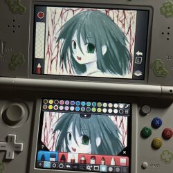 Rule 34 | 1girl, blood, colored skin, drawing, english text, game console, green eyes, green hair, hair between eyes, highres, horror (theme), human experiment (wwinterdotcom), long hair, looking at viewer, nintendo 3ds (medium), open mouth, photo (medium), portrait, saya no uta, smile, solo, staring, sticker, teeth, upper teeth only, white skin