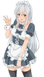 Rule 34 | 1girl, absurdres, alternate costume, apron, black dress, black thighhighs, brown eyes, cowboy shot, dress, enmaided, frilled apron, frilled dress, frills, highres, kantai collection, long hair, looking at viewer, maid, maid headdress, maonatten, shoukaku (kancolle), silver hair, simple background, smile, solo, thighhighs, waist apron, waving, white apron, white background, wrist cuffs