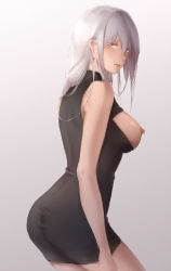 Rule 34 | 1girl, arknights, bad id, bad pixiv id, black dress, breasts, closed mouth, dress, earrings, jewelry, lips, long hair, looking at viewer, medium breasts, meme attire, nipple piercing, nipples, open-chest sweater, piercing, red eyes, rifu (643763873), silver hair, skadi (arknights), solo, standing, sweater, thighs, white background