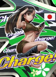 Rule 34 | 10s, 1girl, abazu-red, adapted uniform, asymmetrical bangs, black footwear, boots, brown eyes, brown hair, brown shirt, brown skirt, chi-hatan military uniform, closed mouth, commentary request, crop top, english text, girls und panzer, holding, japanese flag, long hair, looking at viewer, midriff, miniskirt, nishi kinuyo, pencil skirt, shirt, skirt, smile, solo, squatting, tank shell