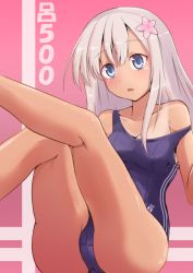 Rule 34 | 10s, 1girl, :o, bare legs, blonde hair, blue eyes, blush, character name, collarbone, competition swimsuit, flower, hair flower, hair ornament, hi-lin., japanese flag, kantai collection, kneepits, off shoulder, one-piece swimsuit, parted lips, pink background, ro-500 (kancolle), simple background, sitting, solo, swimsuit, tan, tanline