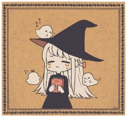 Rule 34 | 1girl, :&lt;, = =, ayu (mog), black dress, black hat, blonde hair, blush, book, border, bow, closed eyes, crying, dress, facing viewer, ghost, hair bow, hat, holding, holding book, long hair, long sleeves, original, red bow, solo, tears, transparent border, witch, witch hat