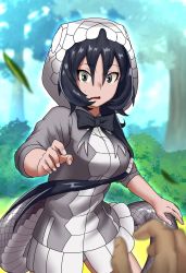 Rule 34 | 1girl, black hair, black mamba (kemono friends), blush, commentary request, cowboy shot, grey eyes, grey hoodie, highres, hood, hood up, hoodie, kemono friends, long sleeves, looking at viewer, nso mono, pleated skirt, pov, short hair, skirt, snake tail, solo, sweatdrop, tail, two-tone hoodie, white skirt