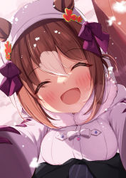Rule 34 | 1girl, :d, animal ears, blush, breasts, brown hair, closed eyes, ears through headwear, facing viewer, fine motion (umamusume), fur collar, hair between eyes, hat, highres, horse ears, horse girl, incoming hug, long sleeves, medium breasts, multicolored hair, open mouth, outstretched arms, saboten mushi, smile, solo, streaked hair, umamusume, upper body, white hair