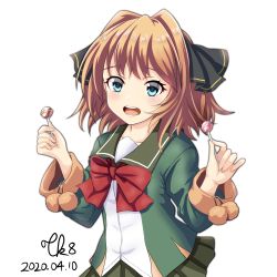 Rule 34 | 1girl, arms up, black ribbon, blue eyes, blush, brown hair, candy, dated, food, green jacket, green skirt, hachijou (kancolle), hair ribbon, highres, jacket, kantai collection, lollipop, long sleeves, looking at viewer, neck ribbon, pleated skirt, pom pom (clothes), red ribbon, ribbon, sailor collar, school uniform, serafuku, short hair, simple background, skirt, solo, tk8d32, white background