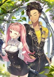 Rule 34 | 1boy, 1girl, axe, blunt bangs, breasts, brown hair, claude von riegan, collarbone, commentary request, dark-skinned male, dark skin, fire emblem, fire emblem: three houses, garreg mach monastery uniform, green eyes, hilda valentine goneril, holding, holding sword, holding weapon, long hair, long sleeves, nintendo, one eye closed, open mouth, outdoors, parted lips, pink eyes, pink hair, ringozaka mariko, short hair, simple background, smile, sword, twintails, uniform, weapon, wink
