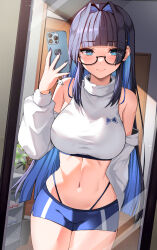Rule 34 | 1girl, arm behind back, bikini, bikini bottom only, blue eyes, blue hair, blue nails, blunt bangs, boros (ouro kronii), breasts, cellphone, cellphone charm, charm (object), cleavage, commentary, cowboy shot, crop top, detached sleeves, english commentary, glasses, hair intakes, hand up, highres, holding, holding phone, hololive, hololive english, indoors, iphone, large breasts, lessone, light smile, long hair, looking at mirror, looking at viewer, mirror, navel, official alternate hair length, official alternate hairstyle, ouro kronii, ouro kronii (casual), phone, plant, reflection, selfie, shoe rack, short shorts, shorts, skindentation, smartphone, solo, stomach, swimsuit, thigh gap, thighs, very long hair, virtual youtuber