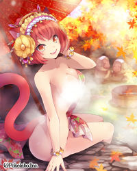 Rule 34 | 1girl, animal, animal ears, autumn, autumn leaves, breasts, bucket, cat ears, cat tail, censored, cleavage, convenient censoring, covering privates, flower, hair flower, hair ornament, hairband, hinariaoba, japanese macaque, monkey, naked towel, nude cover, onsen, original, red eyes, red hair, short hair, sitting, smile, solo, steam, steam censor, tail, towel, umbrella, water, wooden bucket