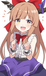 Rule 34 | 1girl, bare shoulders, belt, blush, bow, bowtie, brown hair, buttons, collared shirt, commentary request, cuffs, e.o., grey belt, hair ornament, hands up, highres, horns, ibuki suika, light brown hair, long hair, looking away, open mouth, purple ribbon, purple skirt, red bow, red bowtie, ribbon, shirt, simple background, skirt, sleeveless, sleeveless shirt, smile, solo, standing, touhou, white background, white shirt, wrist cuffs, yellow eyes