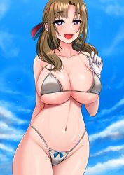 Rule 34 | 1girl, :d, absurdres, adjusting clothes, adjusting swimsuit, arm behind back, bikini, bikini pull, blue sky, blush, braid, breasts, brown hair, cleavage, clothes pull, cloud, cloudy sky, collarbone, commentary, day, gloves, groin, hair ribbon, heart, heart-shaped pupils, highres, huge breasts, large breasts, long hair, looking at viewer, mature female, navel, oosuki mamako, open mouth, outdoors, pulled by self, purple eyes, ribbon, skindentation, sky, smile, solo, standing, stomach, strap pull, swimsuit, symbol-shaped pupils, teeth, the only shoe, tsuujou kougeki ga zentai kougeki de ni-kai kougeki no okaasan wa suki desu ka?, underboob, upper teeth only, white gloves