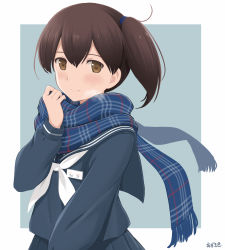 Rule 34 | 1girl, azuki-iro, blue sailor collar, blue scarf, blue skirt, breath, brown eyes, brown hair, closed mouth, commentary request, hair between eyes, highres, kaga (kancolle), kantai collection, long sleeves, looking at viewer, neckerchief, plaid, plaid scarf, pleated skirt, ponytail, sailor collar, scarf, school uniform, serafuku, side ponytail, signature, simple background, skirt, solo, upper body, white neckerchief