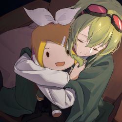Rule 34 | 1girl, blanket, bow, character doll, closed mouth, commentary, goggles, goggles on head, green hair, gumi, hair bow, hair ornament, hairclip, indoors, kagamine rin, medium hair, hugging object, open mouth, red goggles, sad, shirt, smile, solid oval eyes, tears, vocaloid, white bow, white shirt, wounds404