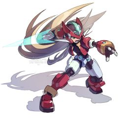 Rule 34 | 1boy, android, blonde hair, closed mouth, energy sword, fighting stance, gloves, green eyes, helmet, highres, holding, long hair, male focus, mega man (series), mega man zx, open mouth, robot ears, simple background, solo, sword, tanaka (is2 p), vent (mega man), weapon, white background, white gloves