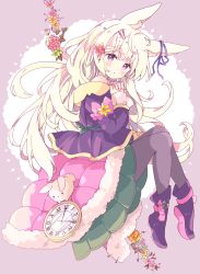 Rule 34 | 1girl, absurdres, animal ear fluff, animal ears, bad id, bad pixiv id, blonde hair, blush, boots, brown background, closed mouth, flower, from side, full body, green flower, green skirt, grey pantyhose, highres, interlocked fingers, jacket, knees up, long hair, long sleeves, looking at viewer, looking to the side, off shoulder, original, own hands clasped, own hands together, pantyhose, pink flower, pleated skirt, pocket watch, purple footwear, purple jacket, red eyes, roman numeral, short eyebrows, skirt, sleeves past wrists, solo, thick eyebrows, tsukiyo (skymint), two-tone background, very long hair, watch, white background, white flower, yellow flower