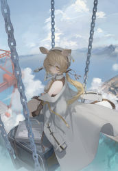 Rule 34 | 1girl, :/, above clouds, absurdres, animal ears, arknights, beret, black dress, black ribbon, blonde hair, blush, box, building, chain, closed mouth, cloud, cloudy sky, coat, commentary, crane (machine), day, dorothy (arknights), dress, full body, hair between eyes, hair ribbon, hat, highres, lake, long hair, long sleeves, looking at viewer, looking back, low ponytail, machinery, mountain, mouse ears, mouse girl, off shoulder, open clothes, open coat, ribbon, single bare shoulder, sitting, sky, sleeves past wrists, two-tone dress, water, white coat, white dress, white hat, wimi, yellow eyes