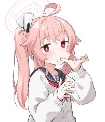 Rule 34 | 1girl, ahoge, black sailor collar, blue archive, blush, finger in own mouth, food, food on face, halo, haramaki (haranomaki), highres, long hair, long sleeves, looking at viewer, natsu (blue archive), neckerchief, pink hair, red eyes, red neckerchief, sailor collar, school uniform, serafuku, side ponytail, simple background, solo, upper body, white background