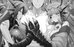 Rule 34 | 1boy, 2girls, animal ears, blush, breasts, brown hair, butter-t, claws, dragon, dragon (monster girl encyclopedia), dragon ears, dragon girl, eastern dragon, hug, japanese clothes, large breasts, long hair, monochrome, monster girl, monster girl encyclopedia, multiple girls, purple hair, rivalry, ryuu (monster girl encyclopedia), scales, signature, smile, sweat, western dragon, yellow eyes