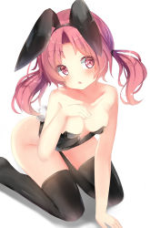 Rule 34 | 1girl, :o, animal ears, bad id, bad pixiv id, bare arms, bare shoulders, black hairband, black leotard, black thighhighs, blush, breasts, collarbone, commentary request, fake animal ears, gochuumon wa usagi desu ka?, hairband, hand on own chest, hand up, highres, leaning forward, leotard, long hair, looking at viewer, medium breasts, natsu megumi, natuna natu, parted bangs, parted lips, playboy bunny, rabbit ears, rabbit tail, red eyes, red hair, shadow, solo, strapless, strapless leotard, tail, thighhighs, twintails, white background