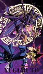 Rule 34 | 1boy, apprentice illusion magician, belt, black hair, blonde hair, blue jacket, blue pants, bright pupils, card, character name, closed mouth, commentary request, dark magician, duel monster, dyed bangs, hand up, highres, holding, holding card, jacket, long sleeves, male focus, multicolored hair, muto yugi, open clothes, open jacket, pants, purple eyes, purple hair, soya (sys ygo), spiked hair, twitter username, white pupils, yu-gi-oh!