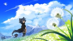 Rule 34 | 1boy, animal ears, animal feet, artist name, black jacket, blue eyes, blue fur, blue hair, blue sky, child, closed mouth, cloud, cloudy sky, commentary, dandelion, deviidog0, dutch angle, english commentary, field, flower, flower field, full body, fur-tipped tail, grey shorts, high collar, highres, jacket, looking at viewer, looking back, male focus, monster boy, mountainous horizon, original, outdoors, short-sleeved jacket, short hair, short sleeves, shorts, sky, solo, spiked tail, standing, tail, wide shot, wind